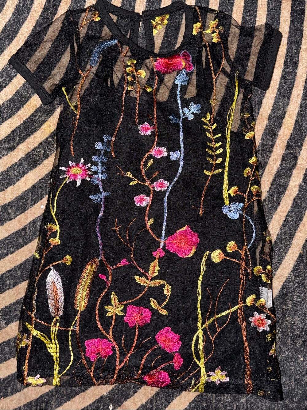 SHEIN Black Mesh Floral Embroidered Mini Dress